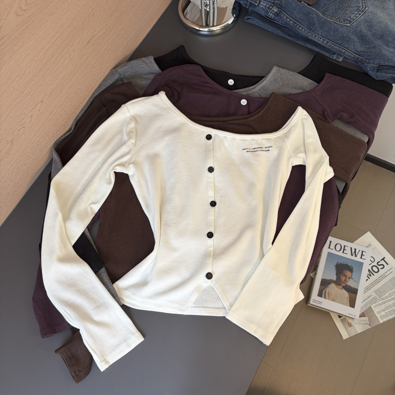 Women's Letter Print One-Shoulder Long Sleeve T-Shirt 2026 Fall Slim Fit Top