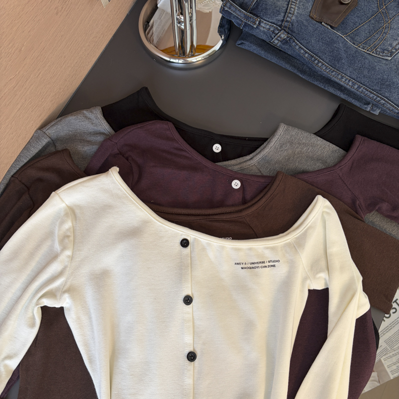 Women's Letter Print One-Shoulder Long Sleeve T-Shirt 2026 Fall Slim Fit Top - Image 2