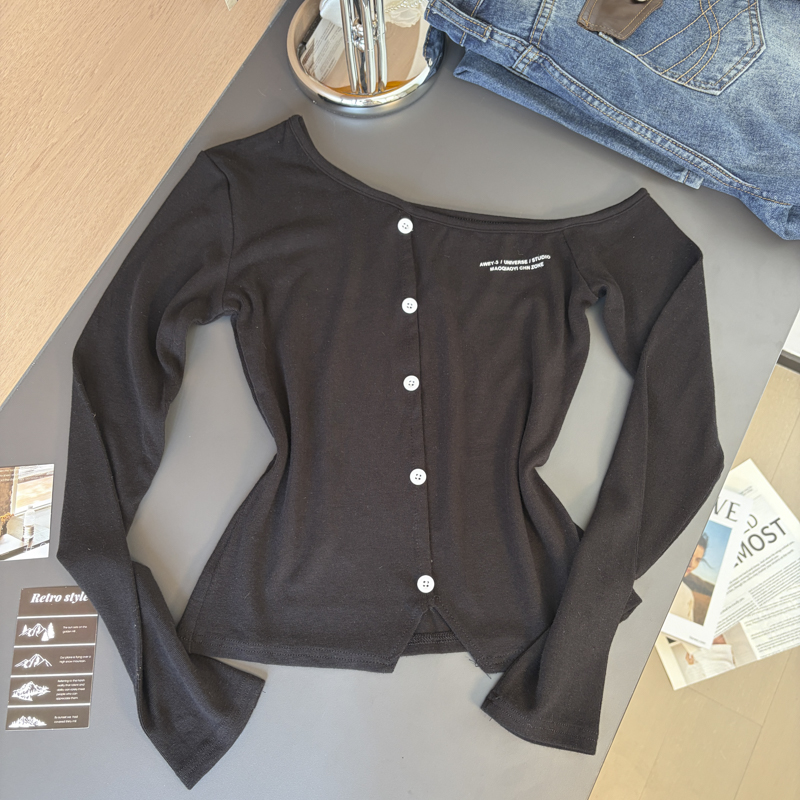 Women's Letter Print One-Shoulder Long Sleeve T-Shirt 2026 Fall Slim Fit Top - Image 5