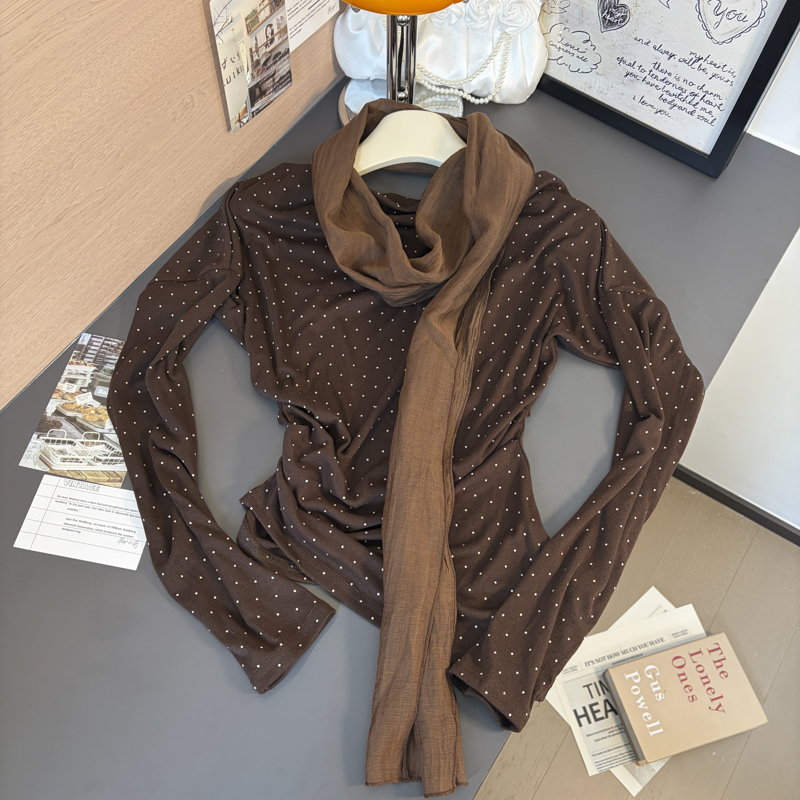 Women's Polka Dot One-Shoulder Long Sleeve T-Shirt with Scarf 2026 Fall - Image 4