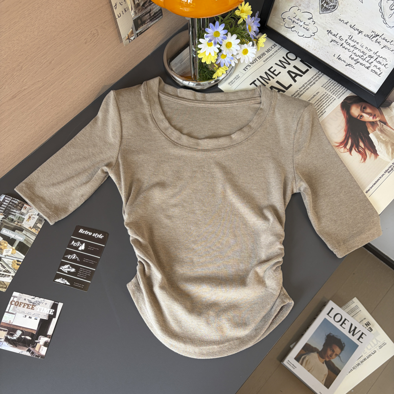 2026 Autumn Korean Minimalist Round Neck Ruched Waist Half Sleeve Cotton T-Shirt with Shoulder Pads for Women - Image 4