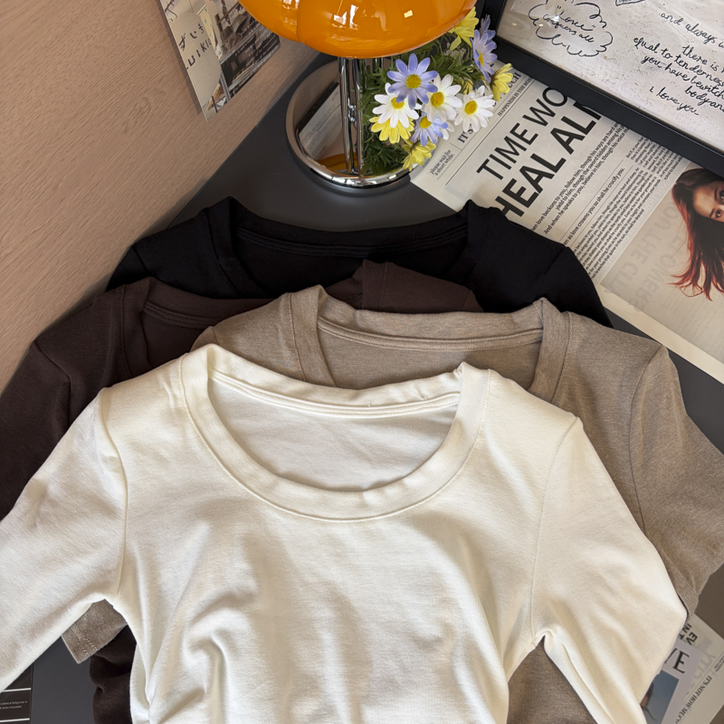 2026 Autumn Korean Minimalist Round Neck Ruched Waist Half Sleeve Cotton T-Shirt with Shoulder Pads for Women - Image 2