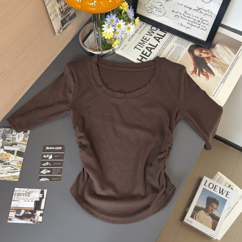 2026 Autumn Korean Minimalist Round Neck Ruched Waist Half Sleeve Cotton T-Shirt with Shoulder Pads for Women - Image 5