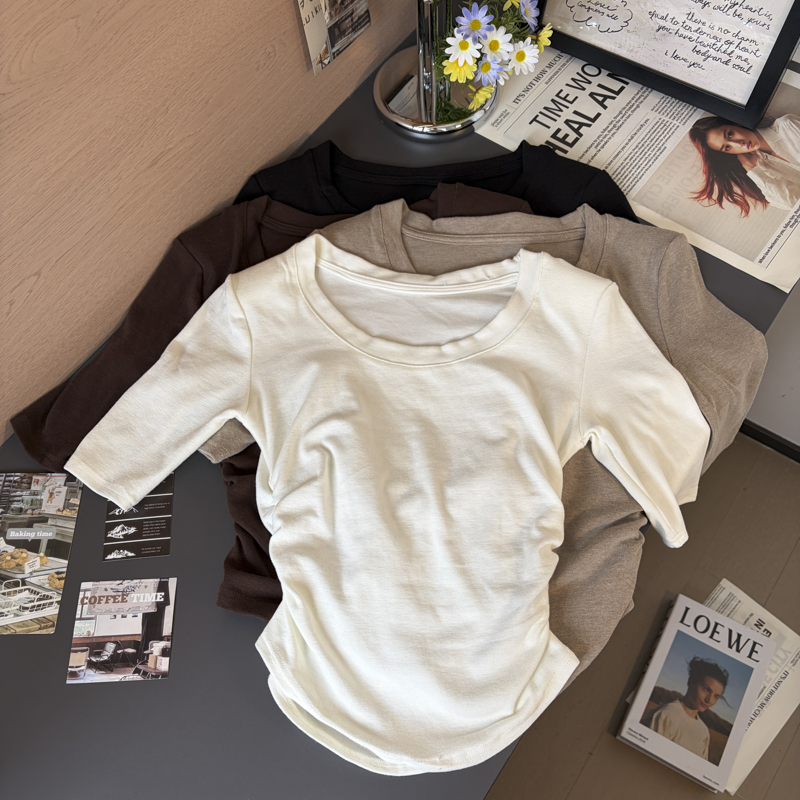 2026 Autumn Korean Minimalist Round Neck Ruched Waist Half Sleeve Cotton T-Shirt with Shoulder Pads for Women