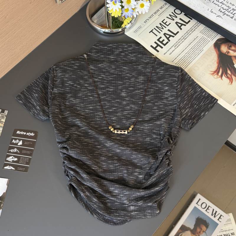 Tie-Dye Ruched Waist Half-High Neck Short Sleeve T-Shirt with Necklace - Image 5