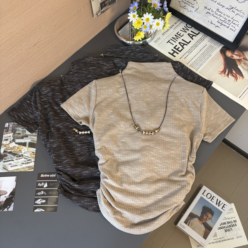 Tie-Dye Ruched Waist Half-High Neck Short Sleeve T-Shirt with Necklace