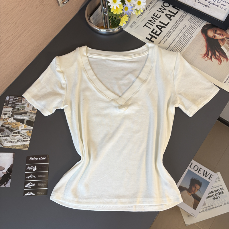 2026 Autumn Korean Style Solid Crew Neck Short Sleeve T-Shirt with Scarf Tie and Padded Shoulders for Women - Style 60ee2d - Image 5