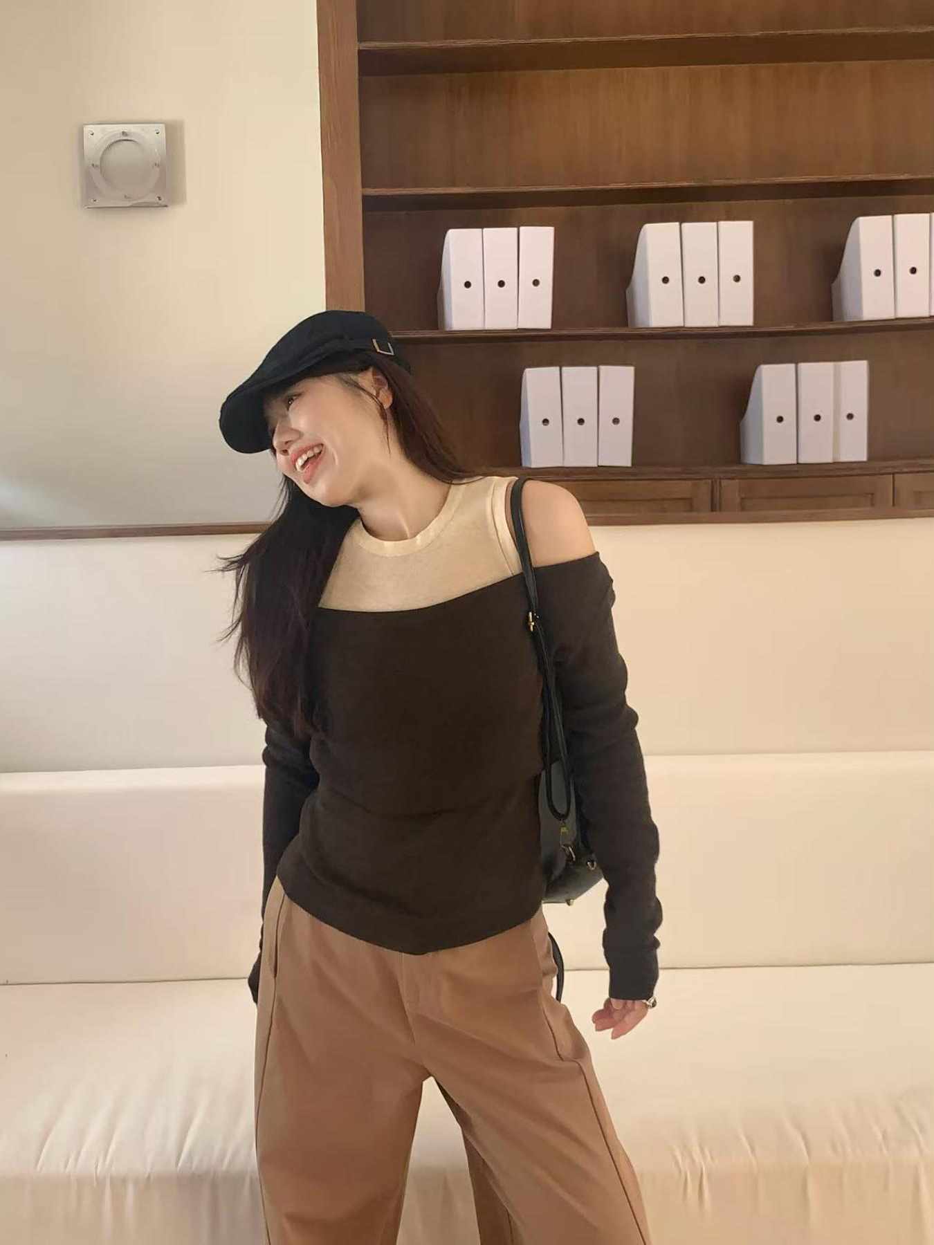 Color Block Off Shoulder Knit Waist Top Women's Fall 2026 Slimming - Image 4