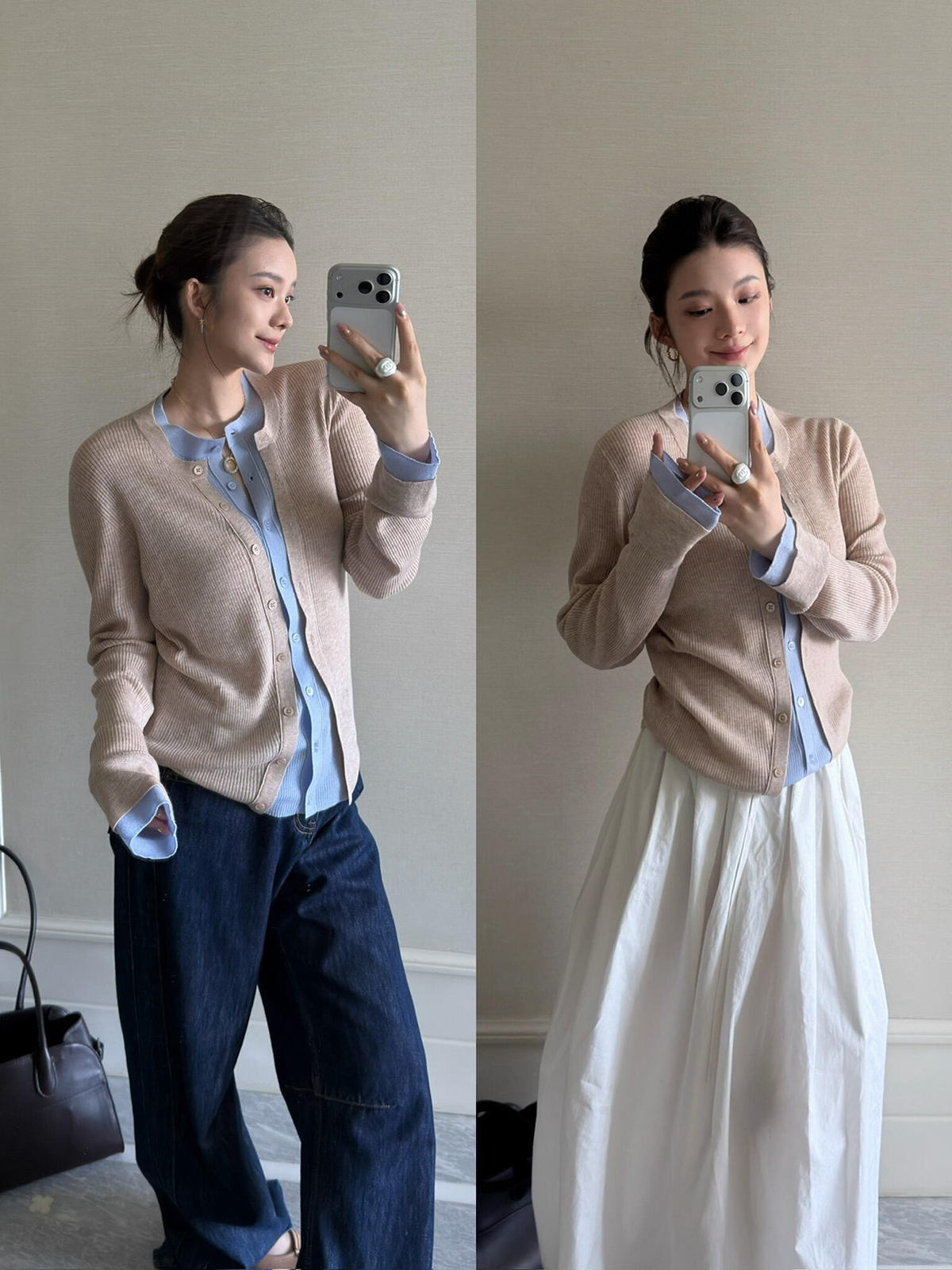 Women's Layered Look Faux Two-Piece Colorblock Wool Knit Cardigan Top - Image 4