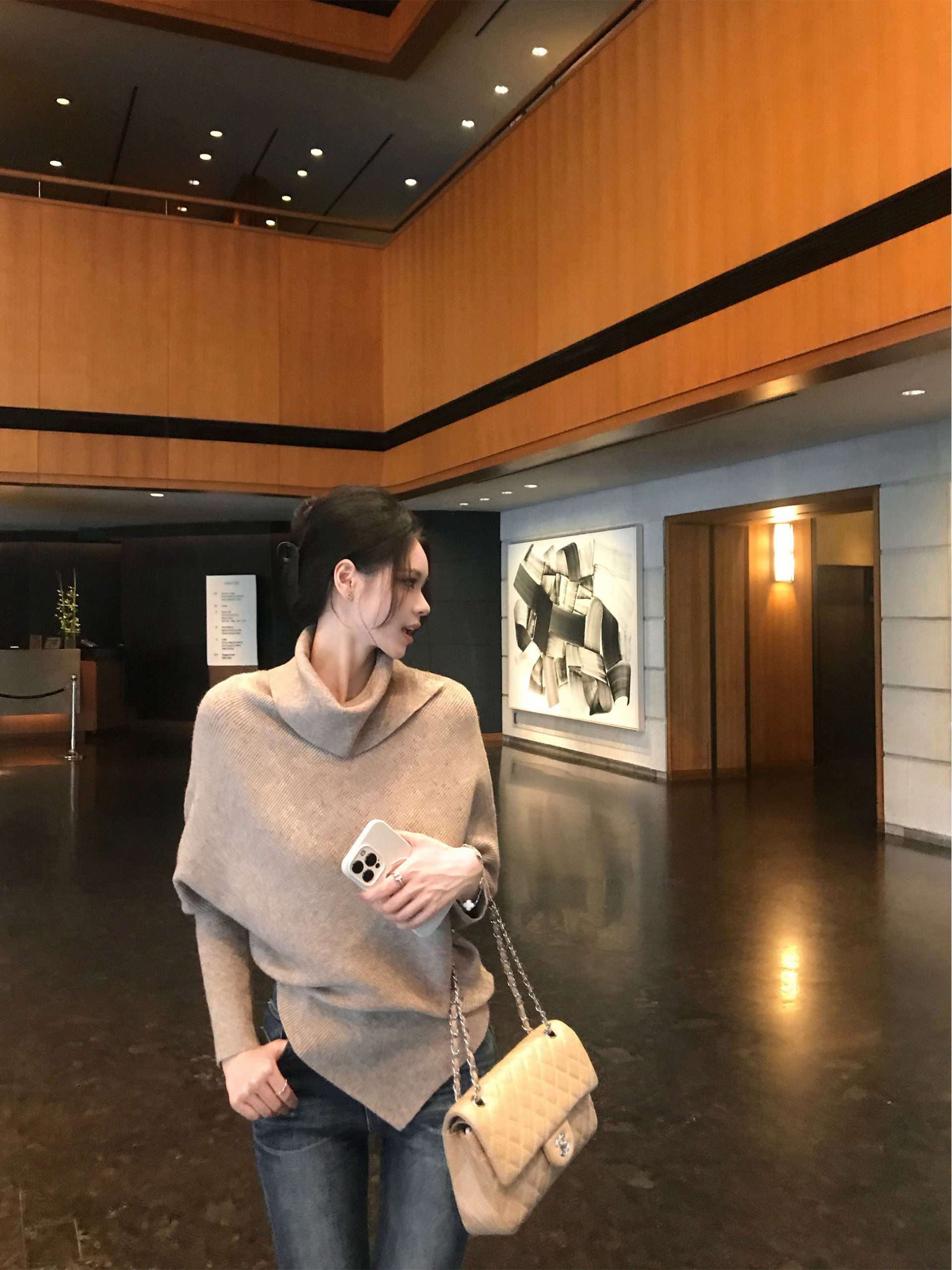 Irregular High Neck Cape Batwing Sleeve Lazy Knit Sweater for Women