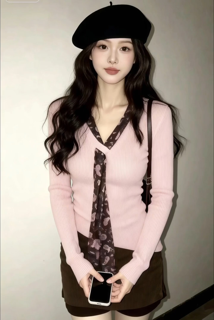 Lola V-Neck Polka Dot Ribbon Knit Sweater for Women Korean Style Fall