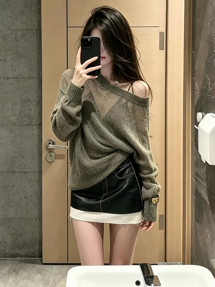 Lazy Relaxed One-Shoulder Cutout Knit Long-Sleeve Top - Image 4