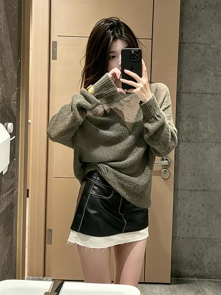 Lazy Relaxed One-Shoulder Cutout Knit Long-Sleeve Top - Image 2