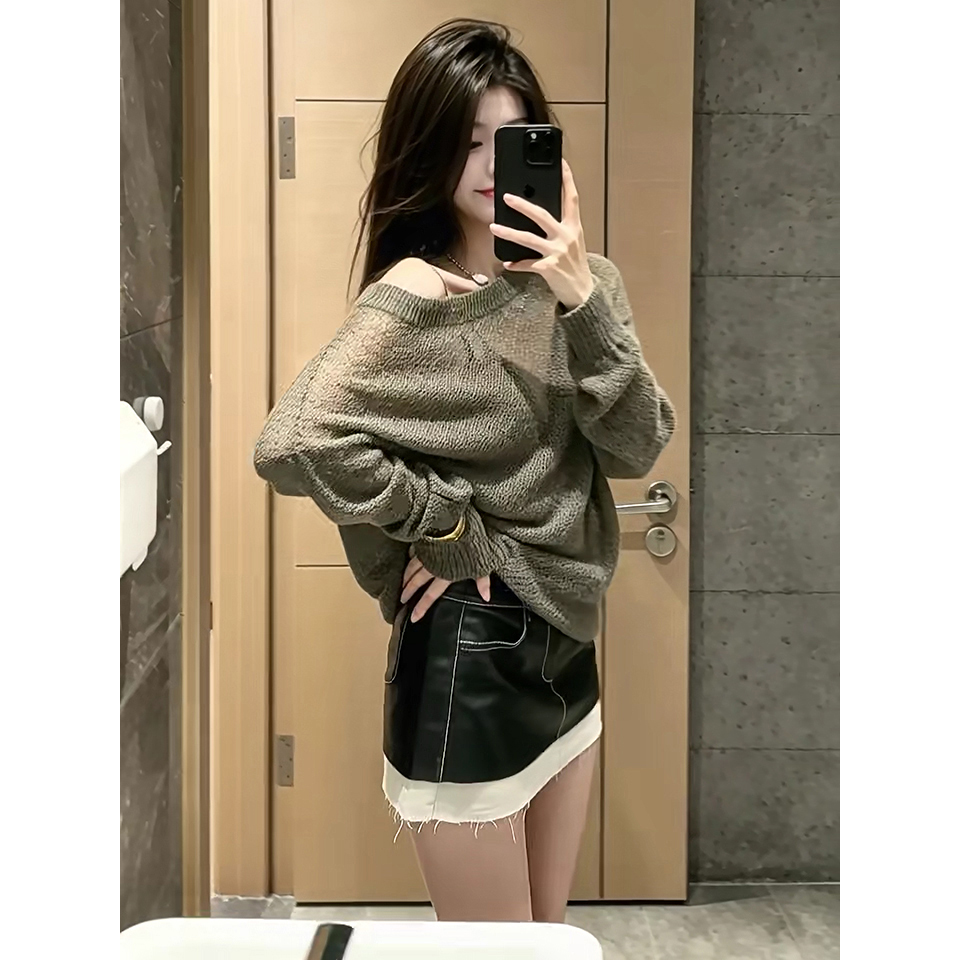 Lazy Relaxed One-Shoulder Cutout Knit Long-Sleeve Top - Image 5