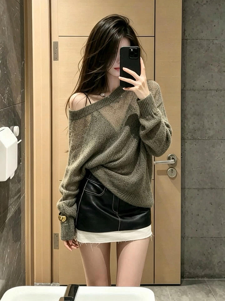 Lazy Relaxed One-Shoulder Cutout Knit Long-Sleeve Top