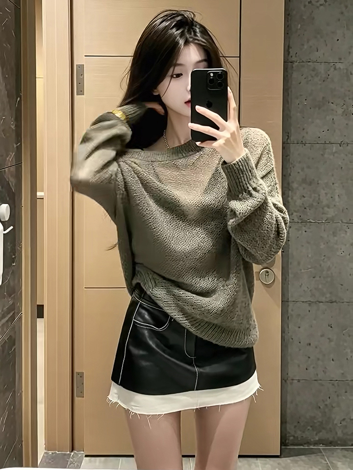 Lazy Relaxed One-Shoulder Cutout Knit Long-Sleeve Top - Image 3