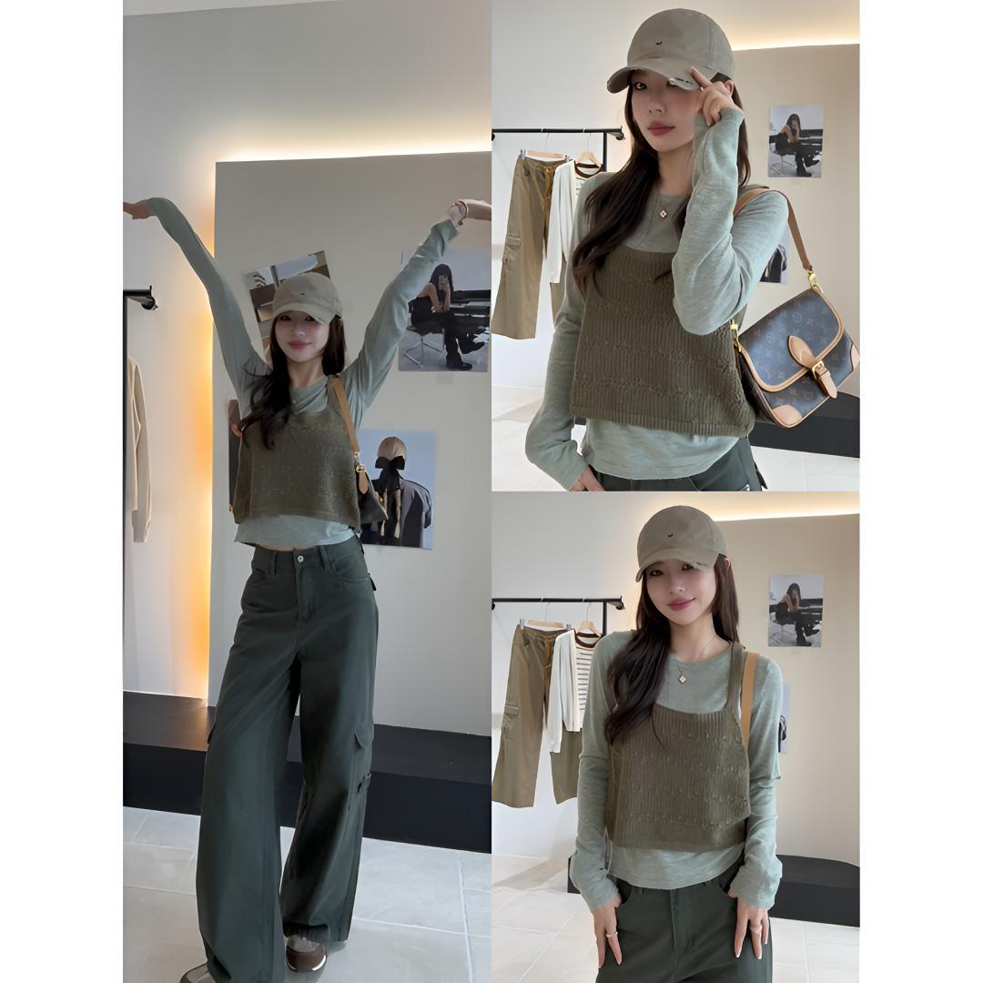 Korean Hollow Knit Cami Two-Piece Layering Top in Gray Green - Style 65932a - Image 5