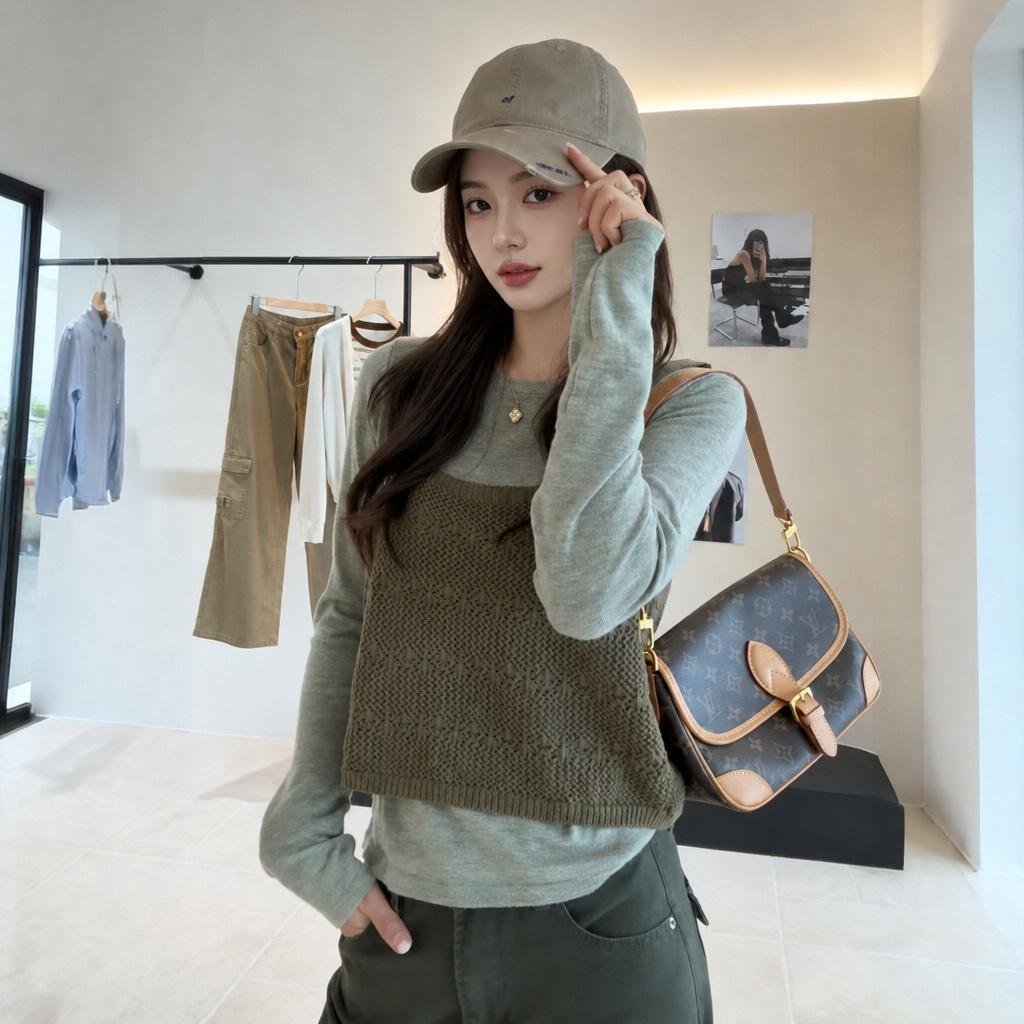 Korean Hollow Knit Cami Two-Piece Layering Top in Gray Green - Style 65932a