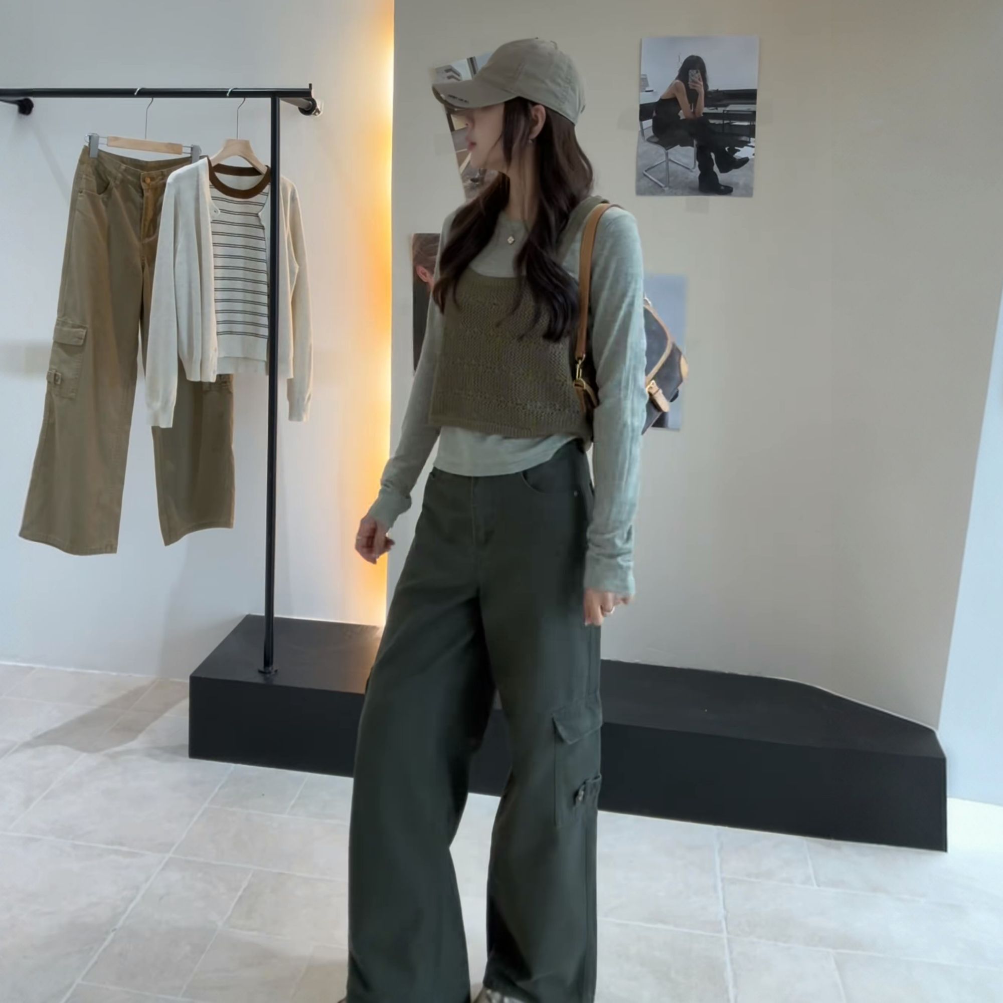 Korean Hollow Knit Cami Two-Piece Layering Top in Gray Green - Style 65932a - Image 4