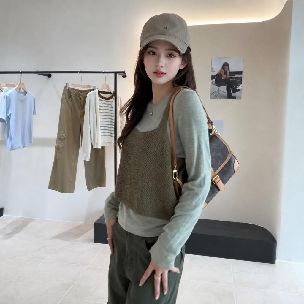 Korean Hollow Knit Cami Two-Piece Layering Top in Gray Green - Style 65932a - Image 3