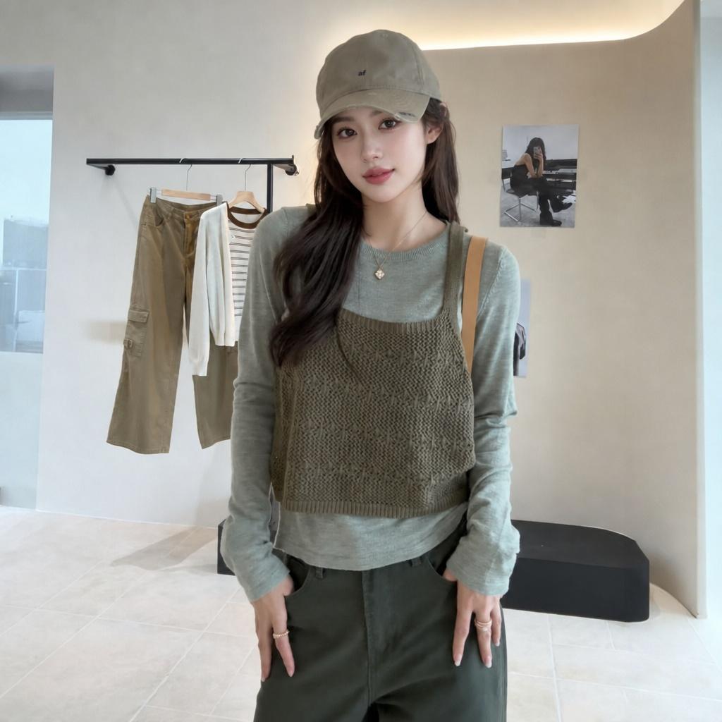 Korean Hollow Knit Cami Two-Piece Layering Top in Gray Green - Style 65932a - Image 2