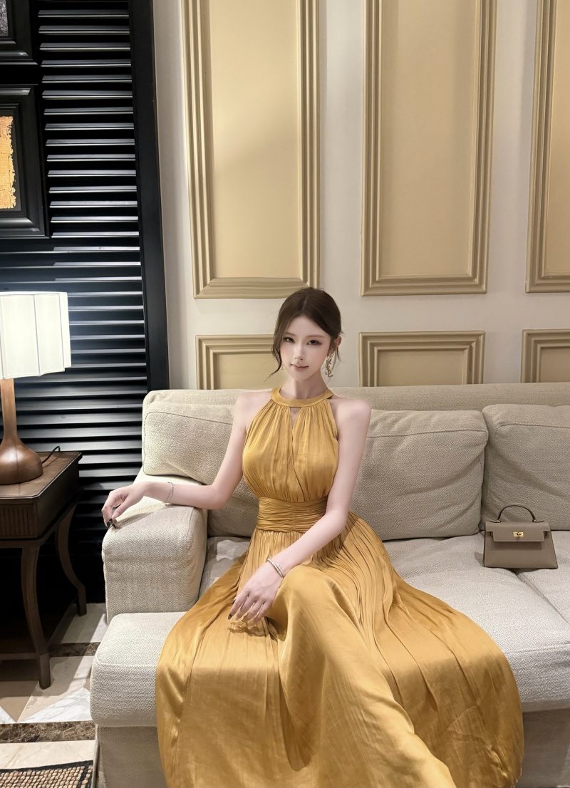French Halter Neck A-Line Dress with Waist Cinch Sleeveless Long Dress