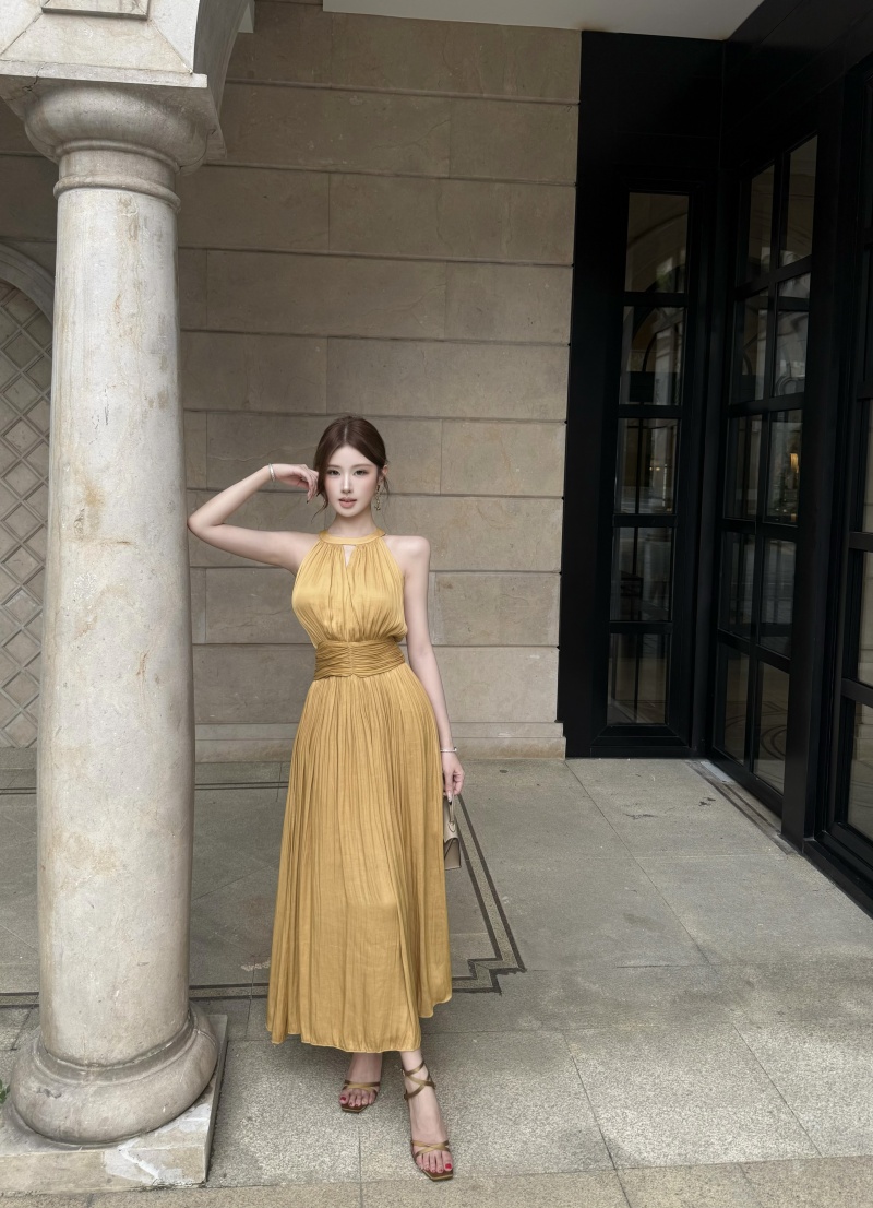 French Halter Neck A-Line Dress with Waist Cinch Sleeveless Long Dress - Image 2