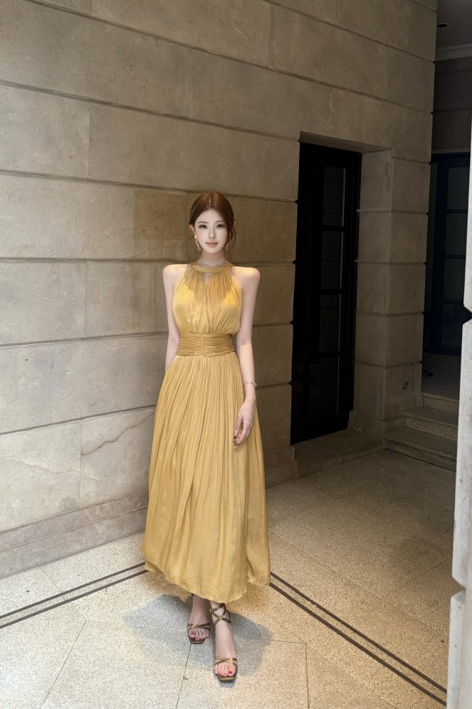 French Halter Neck A-Line Dress with Waist Cinch Sleeveless Long Dress - Image 5